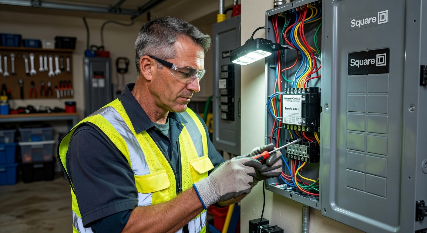Licensed electrician installing transfer switch sub-panel beside residential main electrical panel for generator connection