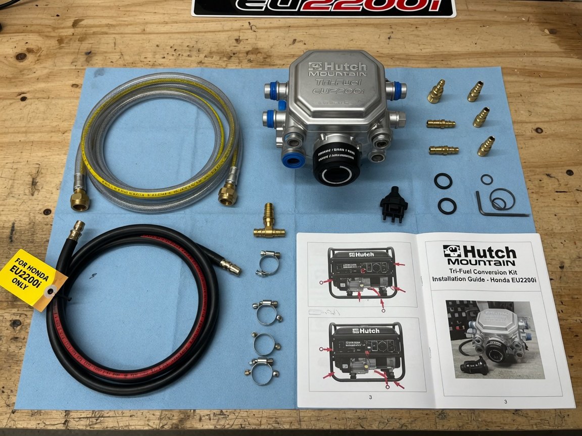 Hutch Mountain tri-fuel conversion kit components for Honda EU2200i laid out neatly on a workshop table — regulator