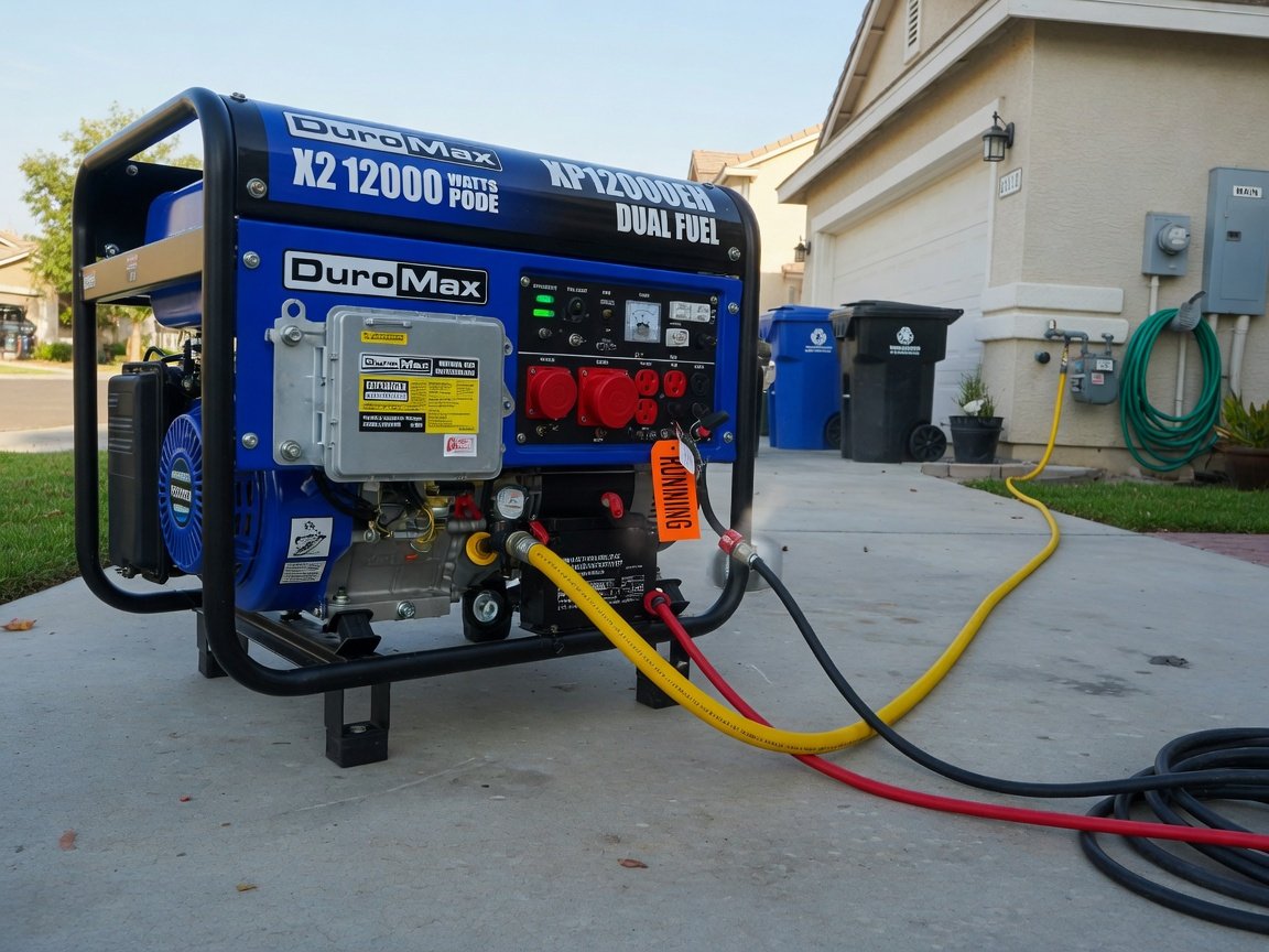Duromax XP12000EH generator outdoors in a residential driveway with a natural gas conversion kit installed and utility