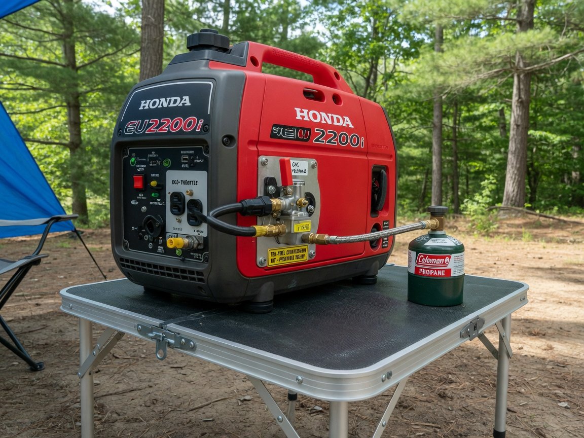 Honda EU2200i inverter generator outdoors on a camping table with a tri-fuel conversion kit installed, small propane