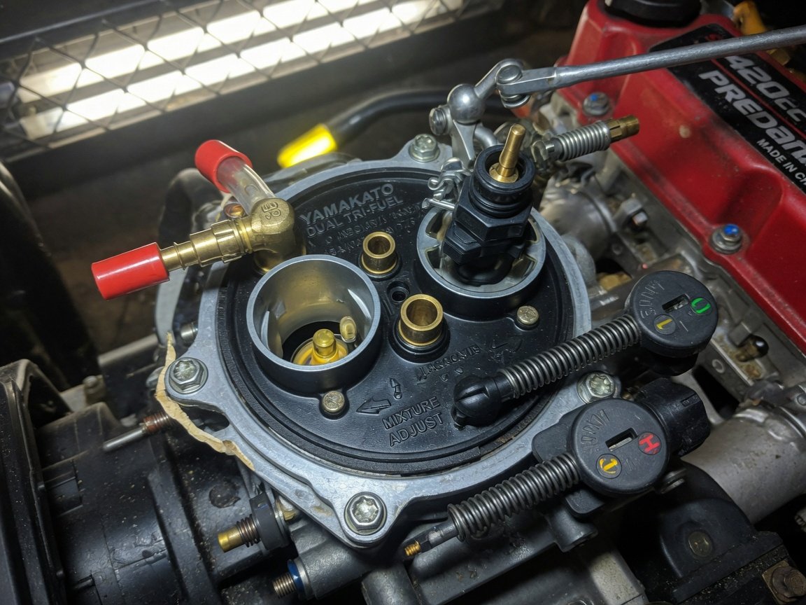 YAMAKATO dual tri-fuel carburetor installed on a Predator generator engine, close-up macro shot showing fuel inlet