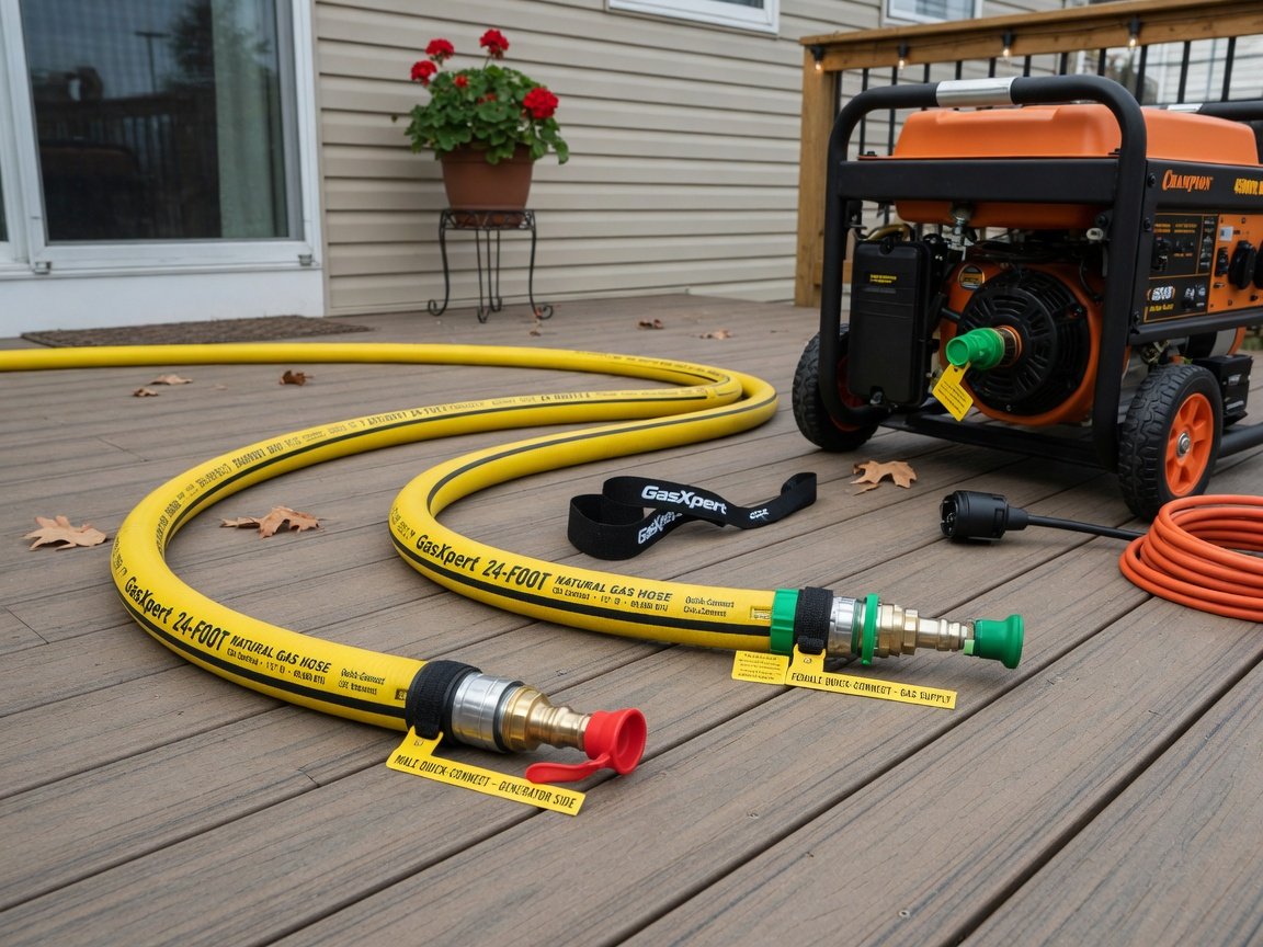 GasXpert 24-foot natural gas hose with quick-connect fittings laid out on a residential patio deck next to a portable