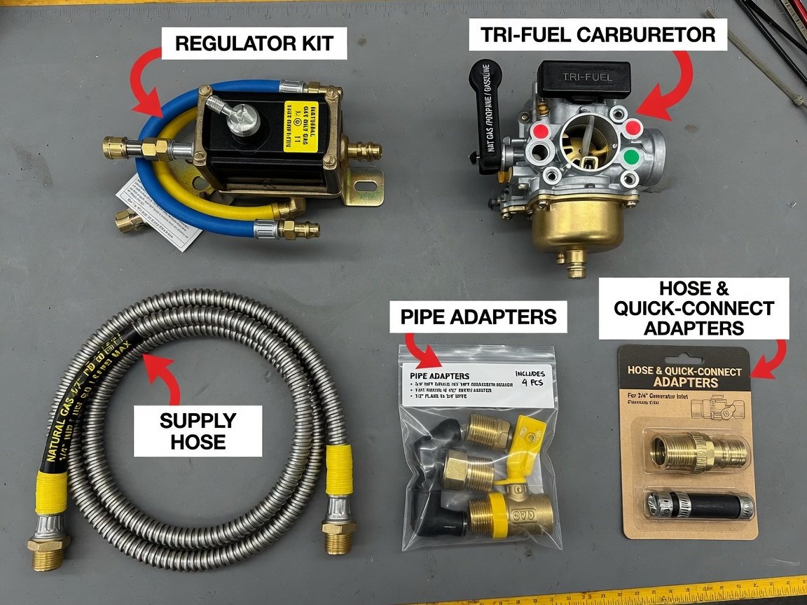 Overhead flat-lay comparison of all five natural gas generator conversion products — regulator kit, tri-fuel