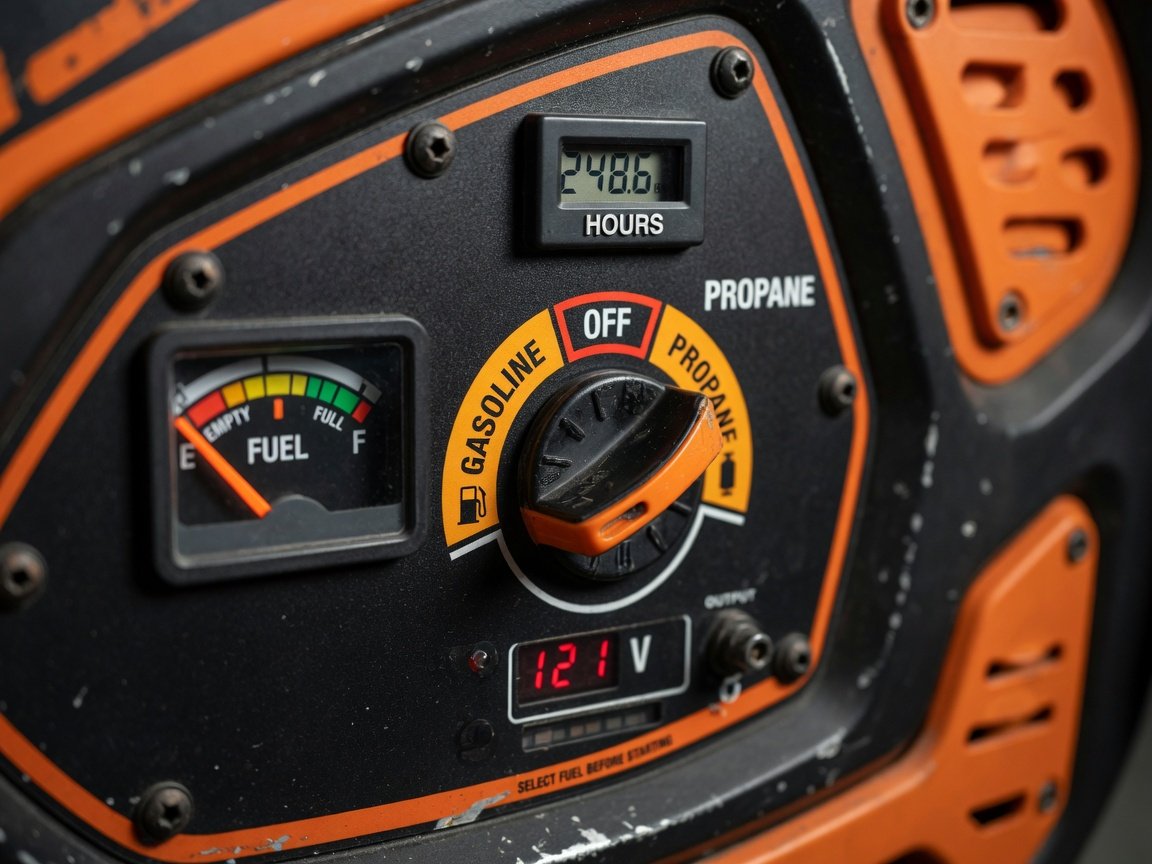 Close-up of dual fuel generator fuel selector switch showing gasoline and propane positions