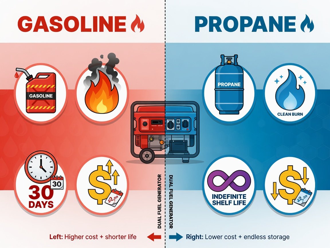 Gasoline vs propane generator fuel comparison table showing BTU cost emissions and shelf life differences