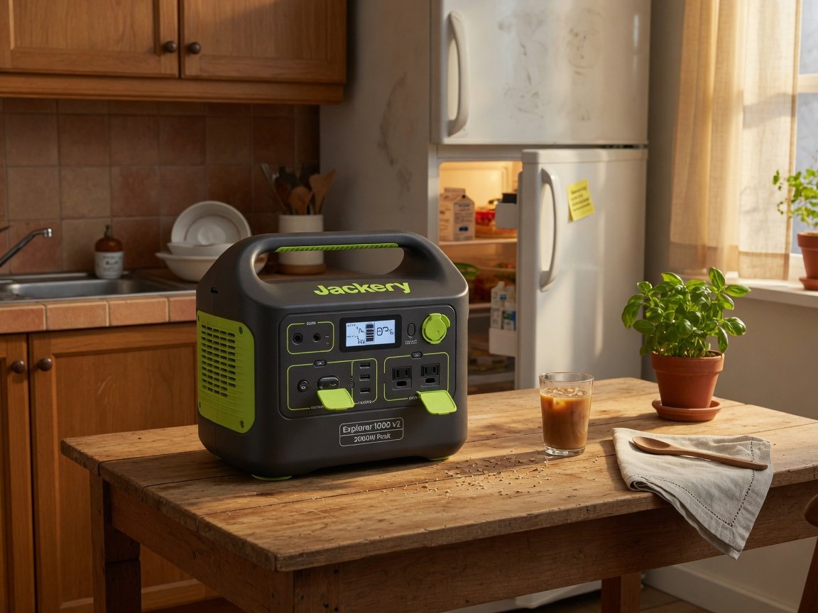 Jackery Explorer 1000 v2 power station on a wooden kitchen table, LED screen showing charge level, a refrigerator