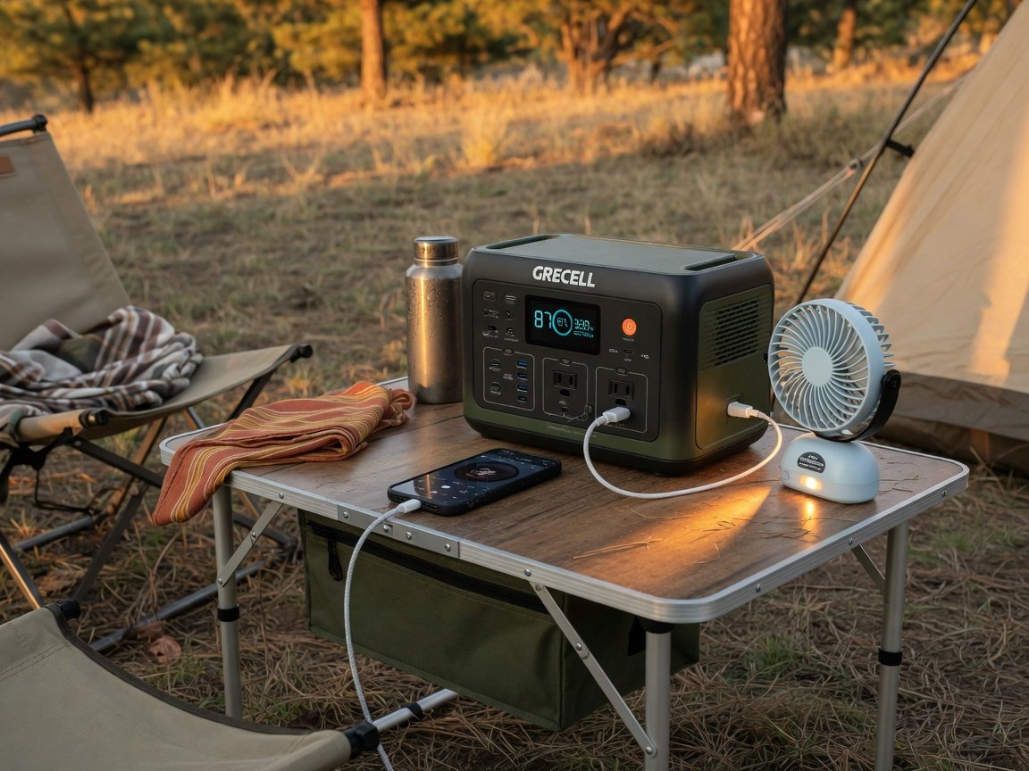 GRECELL portable power station on a small outdoor camping table, a phone and a small fan plugged in, golden hour light