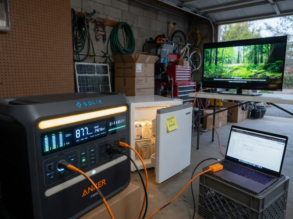 Anker SOLIX F3000 power station in a home garage, connected to a refrigerator, a TV, and a laptop, multiple indicator