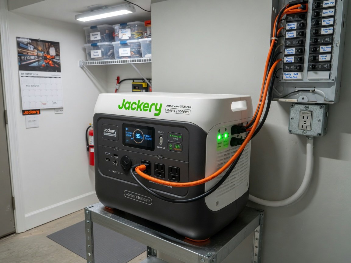 Jackery HomePower 3600 Plus installed in a clean home utility room, Jackery branding visible, circuits connected