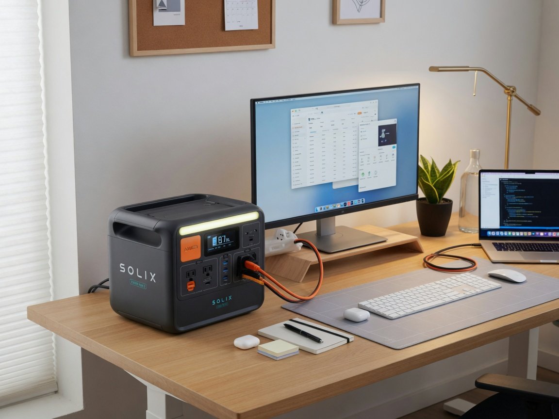 Anker SOLIX C1000 Gen 2 power station on a home office desk, a monitor and laptop running from it, clean minimal