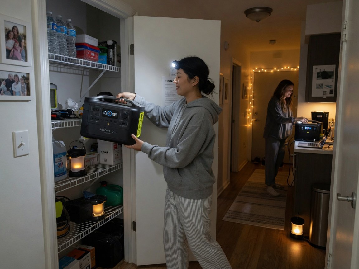 A person easily lifting a portable power station from a hallway closet shelf and carrying it toward the kitchen during