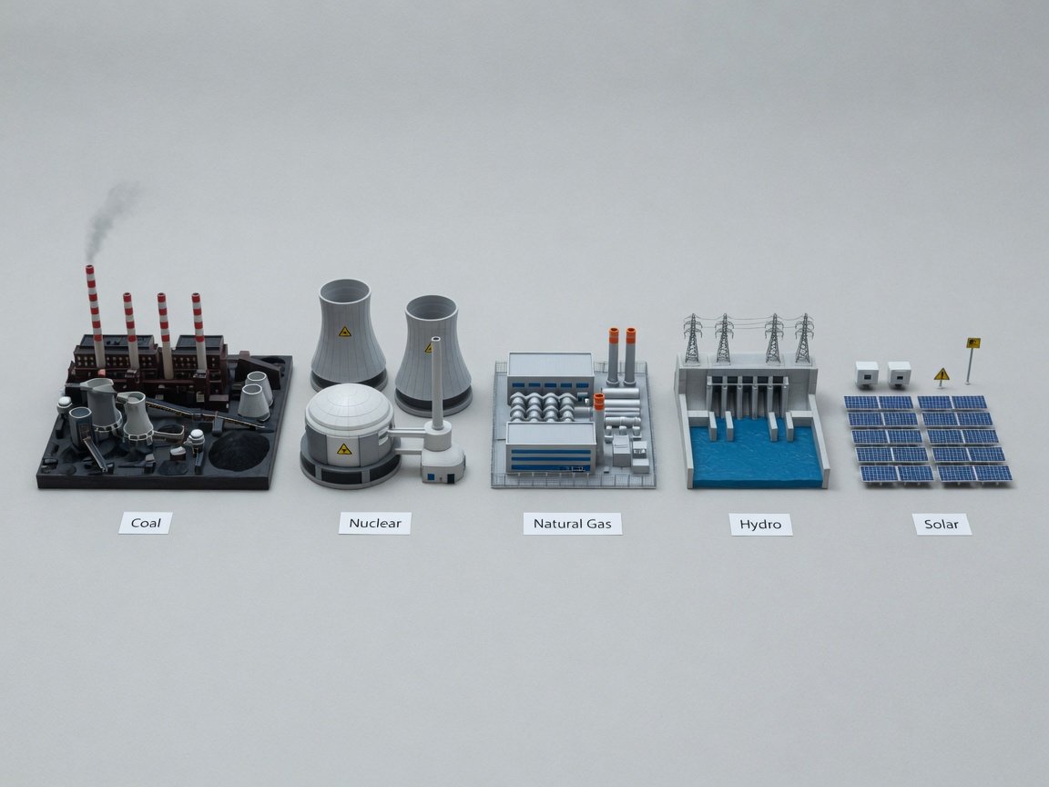 Clean editorial flat-lay of all five power stations arranged side by side on a neutral surface, relative sizes clearly