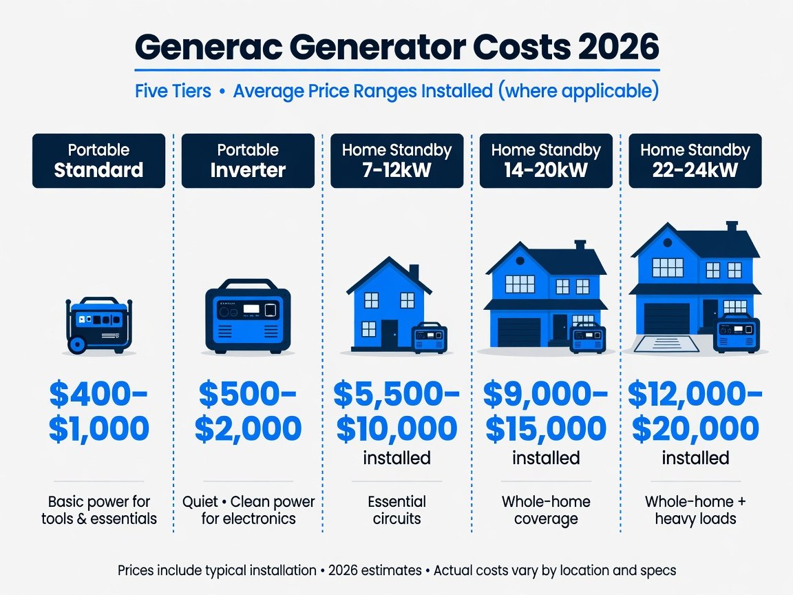 Infographic showing Generac generator cost ranges from portable units to whole-home standby systems 2026