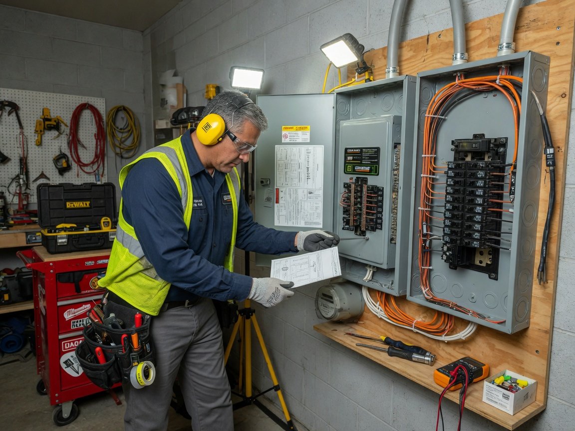 Licensed electrician installing a Generac automatic transfer switch on a residential electrical panel