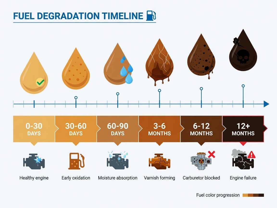 Diagram showing gasoline degradation timeline from 30 days to 12 months with phase separation illustration
