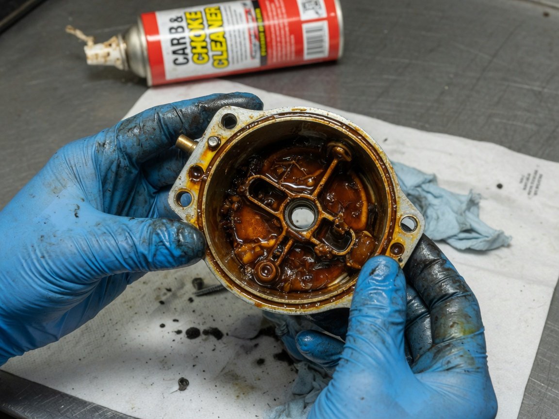 Mechanic cleaning gummed carburetor from generator damaged by stale gasoline deposits