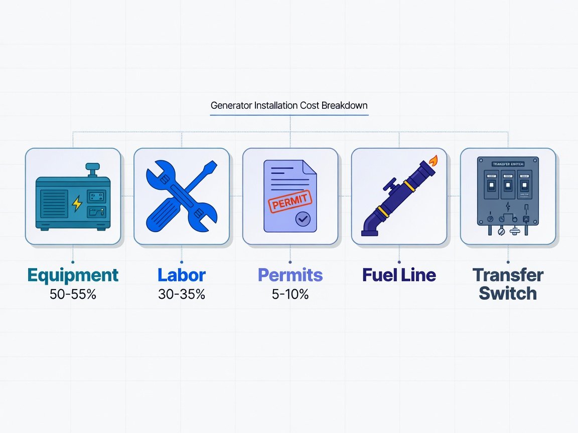Generator installation cost factors including transfer switch labor permits and fuel line on a comparison chart