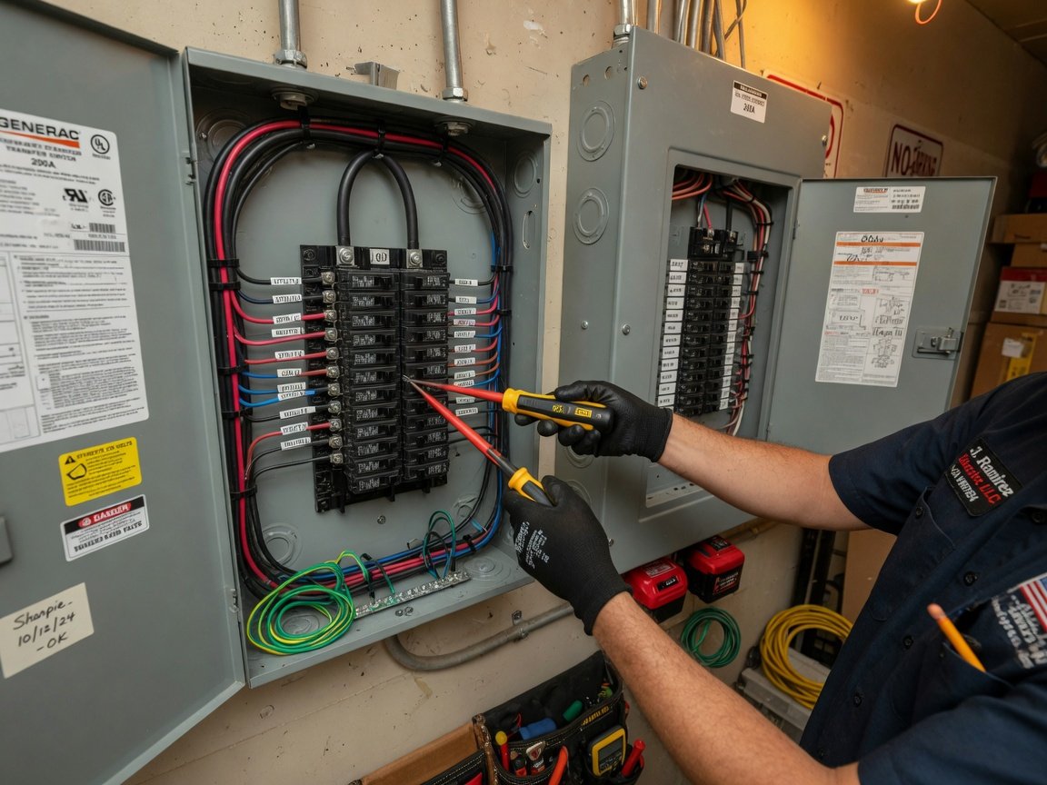 Step-by-step home generator installation process showing electrician wiring transfer switch panel in residential breaker box